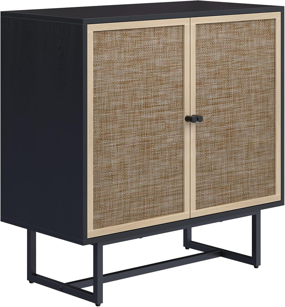 Kova Rattan Wood Accent Sideboard Storage Cabinet with Matte Metal Frame, Adjustable Interior Shelves and Cane Doors