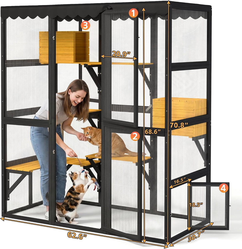 Large Catio Outdoor Cat Enclosure, Freestanding Walk-in Cat Play House W/Window Connection for Multiple Indoor