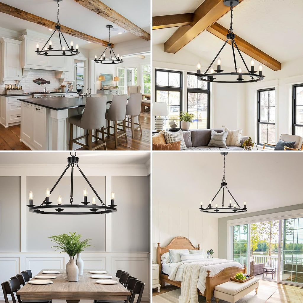 Black Farmhouse Chandelier, 6-Light Wagon Wheel Chandelier with Adjustable Height, Dining Room Light Fixture
