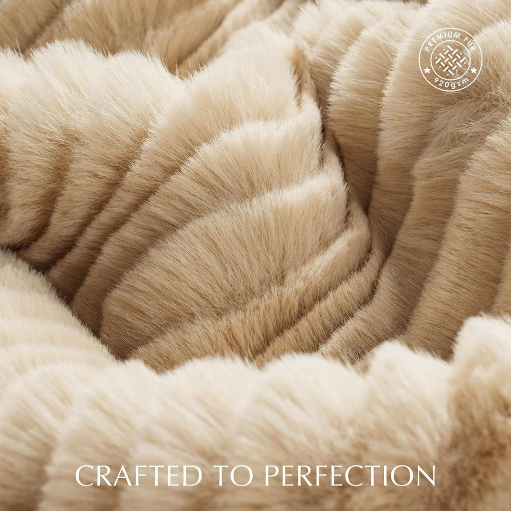 Faux Rabbit Fur Throw Blanket, 60''x80'', Beige | Ultra Soft, Luxury Sculpted Texture Faux Fur Blanket, Fluffy Thick