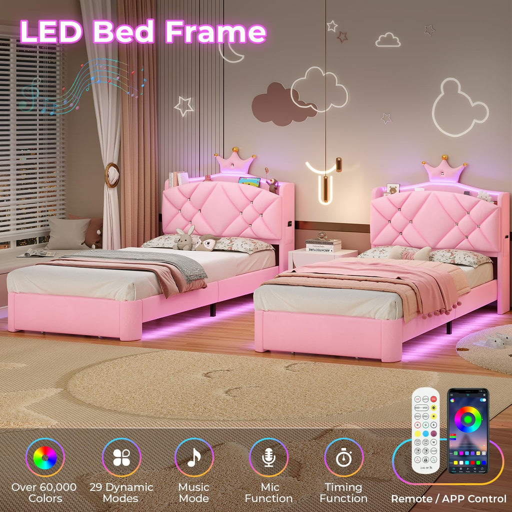 Twin LED Bed Frame with Storage Headboard & Drawer, Princess Upholstered Bed with Charging Station & Crystal Button &