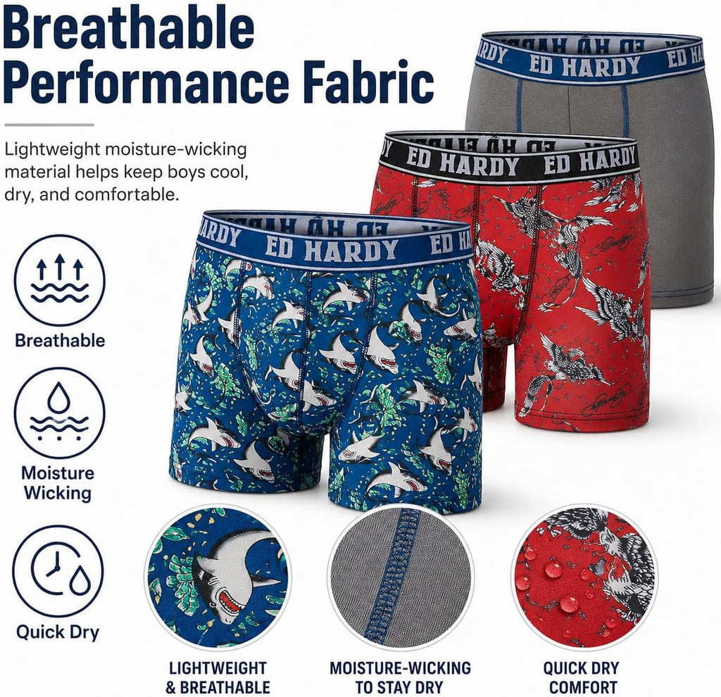 Boys Boxer Briefs Multipack Performance Underwear, Breathable Stretch Fabric, Tattoo Skull Graphic Designs
