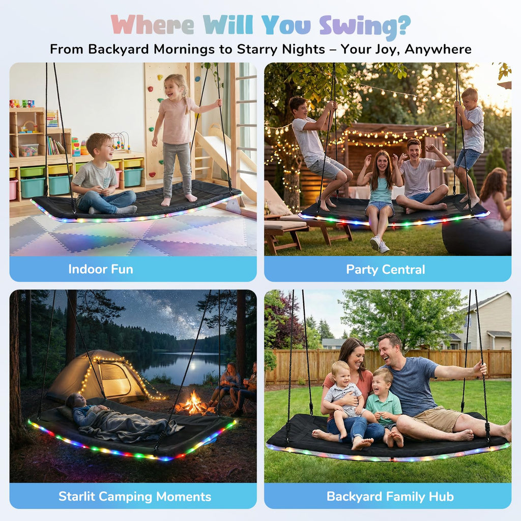 60" Skycurve Platform Tree Swing with LED Light for Kids & Adults