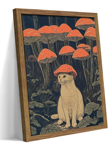 Framed Vintage Cat Wall Art, Whimsical White Cat with Mushroom Hat in Forest Canvas Print, Fantasy Quirky Woodland