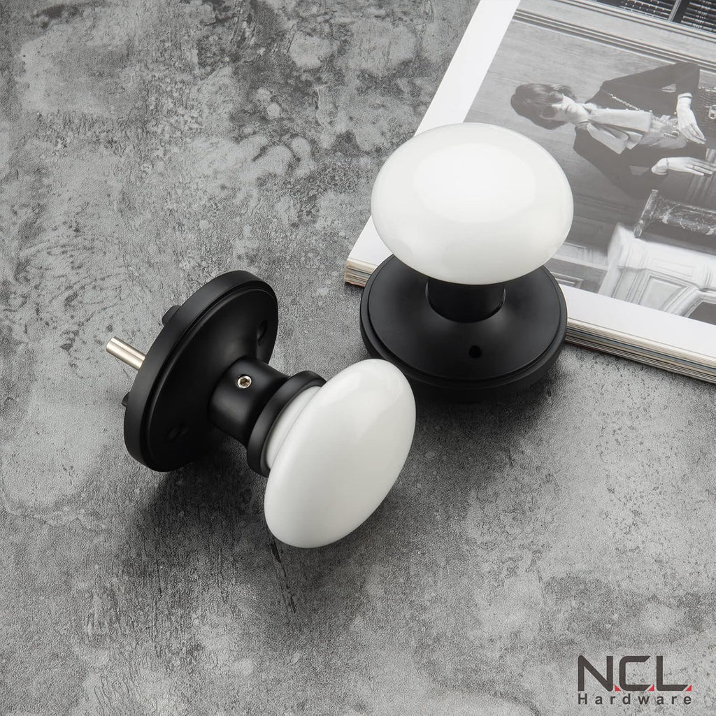 White Door Knobs, Porcelain Round Door Handle with Matt Black Plate