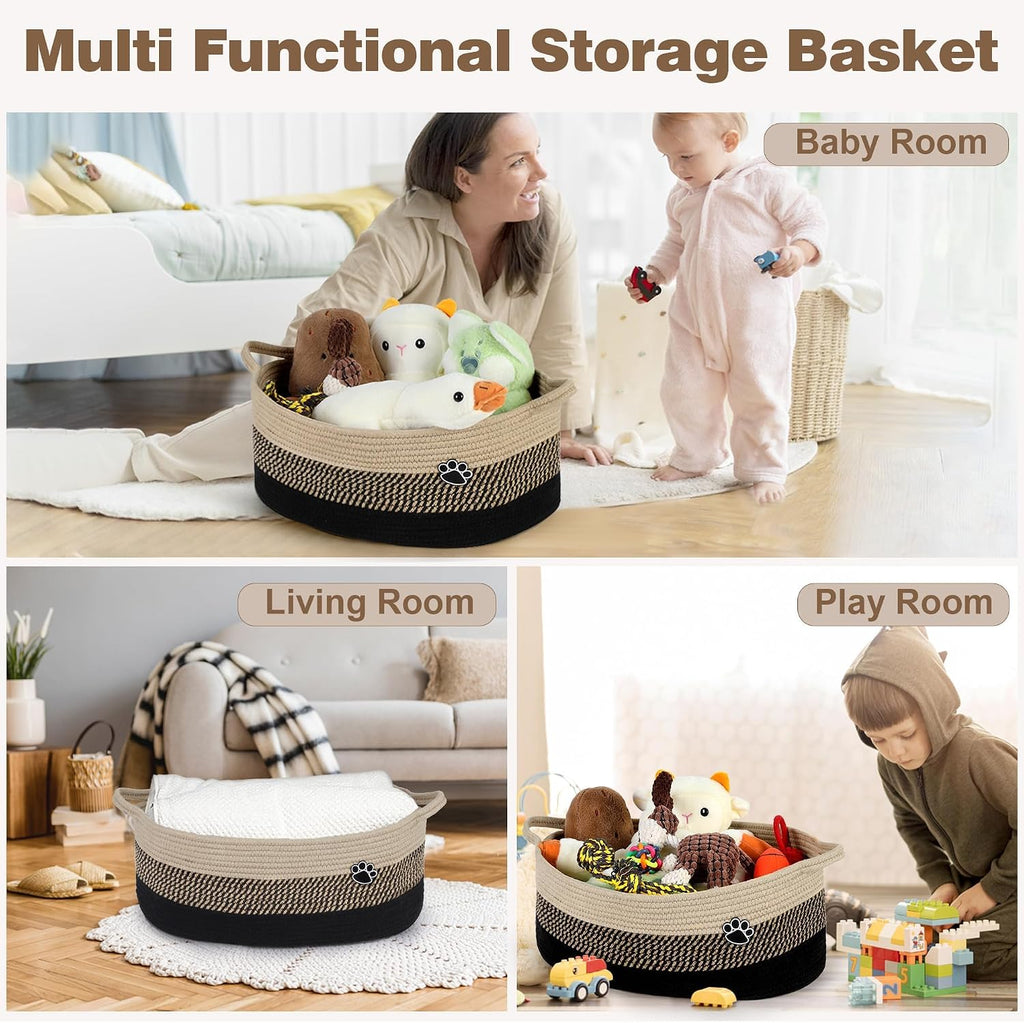 40L Extra Larg Dog Toy Basket, Woven Rope Storage Basket, Black-Brown