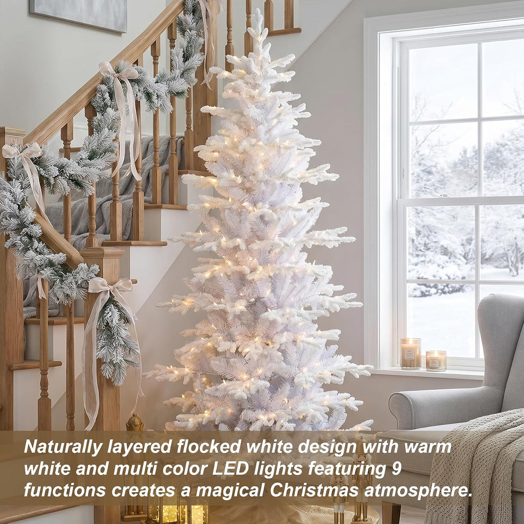 Prelit Artificial Christmas Tree, Slim Flocked Christmas Tree Elegant White Frostfall Fir with 1,486 Tips, 360