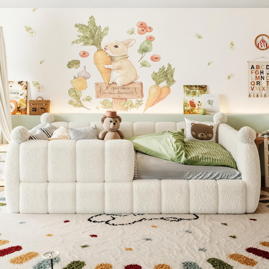 Upholstered Montessori Floor Bed with Fence, Beige