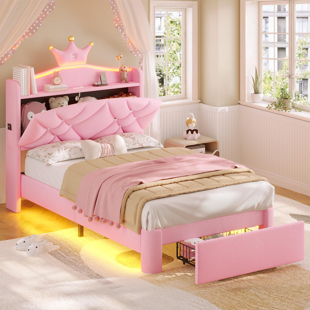 Twin LED Bed Frame with Storage Headboard & Drawer, Princess Upholstered Bed with Charging Station & Crystal Button &