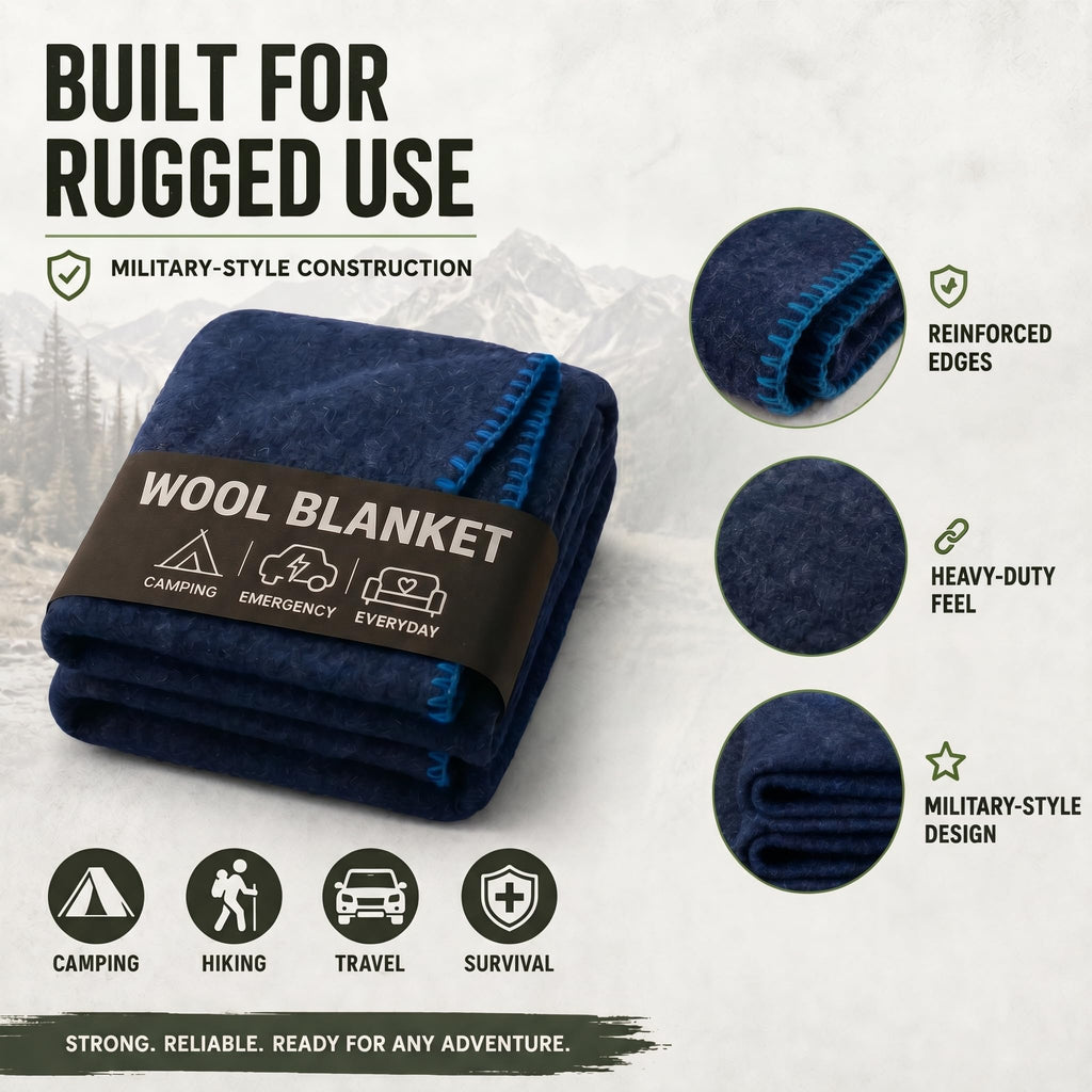 JMR Wool Camping Blanket 10-Pack, Fire Retardant Military, Navy (66x90)