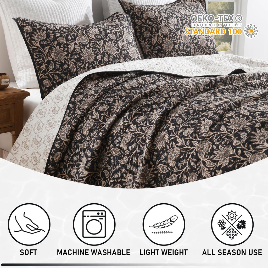 100% Cotton Quilt Set, Traditional Vintage Floral, Black/Cream
