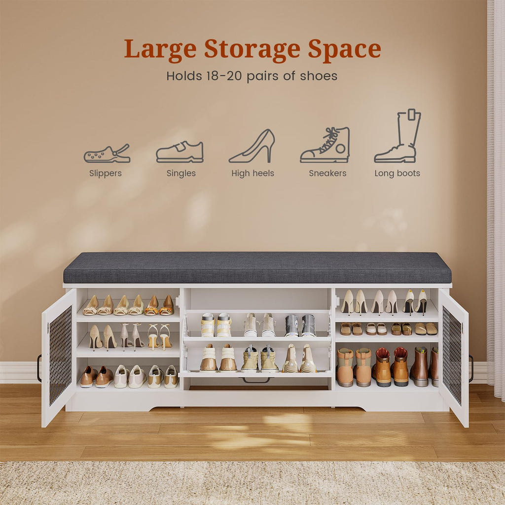 Farmhouse Storage Bench with Flip Drawers & Padded Seat Cushion, Half Hidden Shoe Rack Organizer, Adjustable Shelf