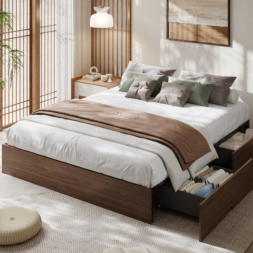 Wood Platform Bed Frame, King Bed Frame with 2 Drawers