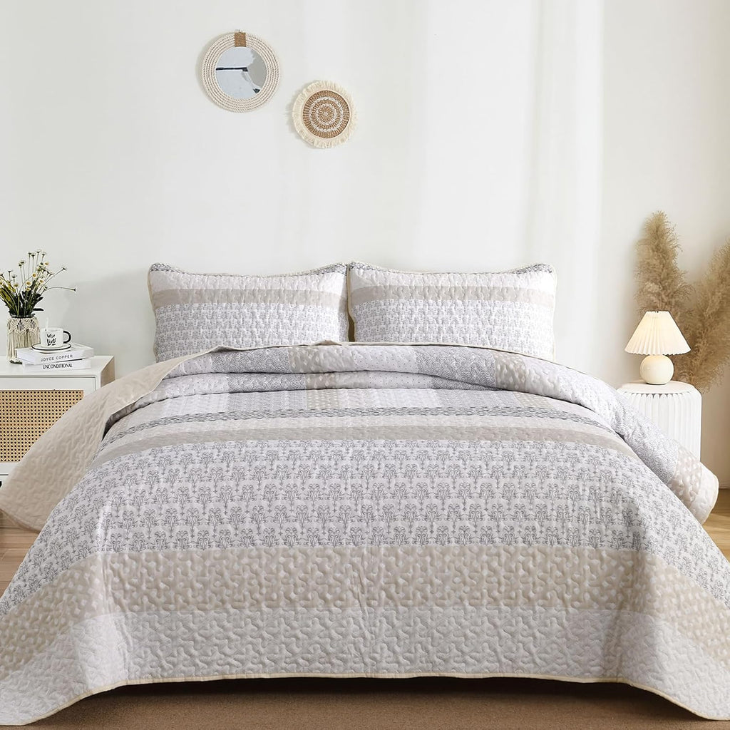 Beige Quilt King, Bohemian Stripe Quilt Sets 3 Pieces Boho Quilted Bedspread Set Lightweight Microfiber Coverlet