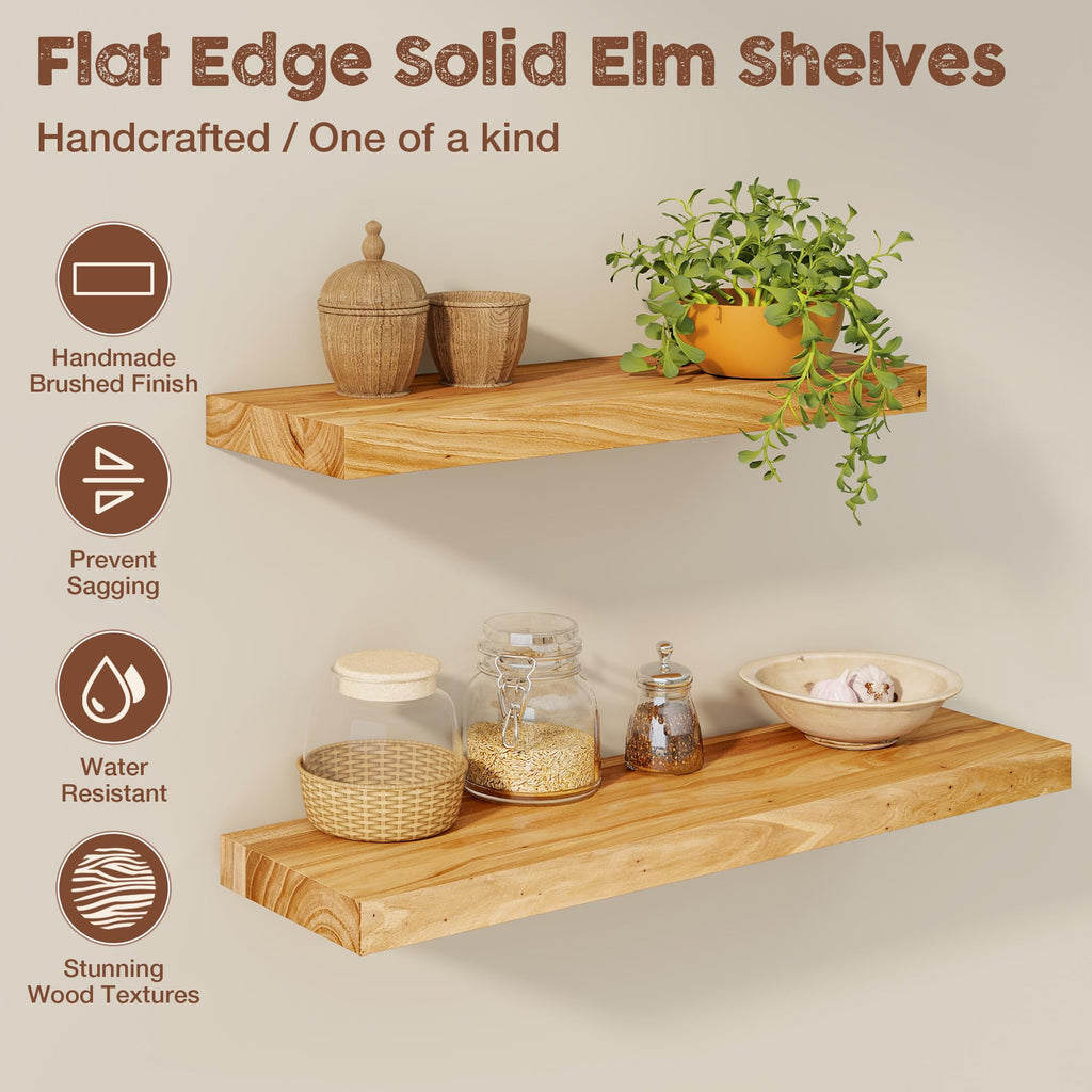 Floating Shelves for Wall, 72 Inch Rustic Solid Elm Wood Shelves