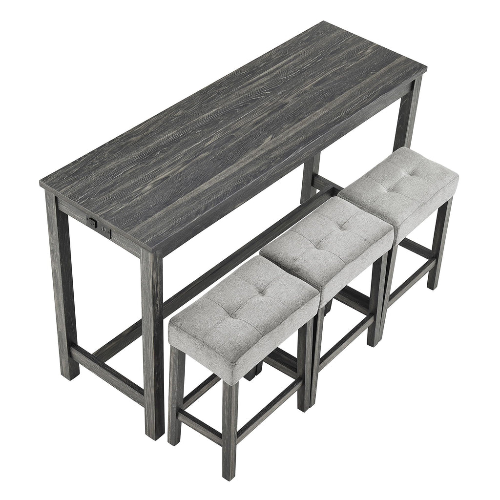 Industrial Bar Table Set with Power Outlet, 4-Piece Counter Height Dining Set with Linen Fabric Stools, Breakfast