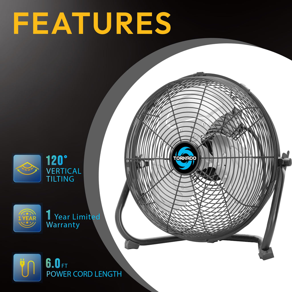 20 Inch High Velocity Metal Floor Fan, 3-Speed Powerful Cooling, 120° Adjustable Tilt, 6.0 FT Cord, UL Safety Listed