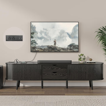 69" Mid Century Modern TV Stand with Power Outlet, Farmhouse Curved Edge TV and Media Console Table with Drawer and