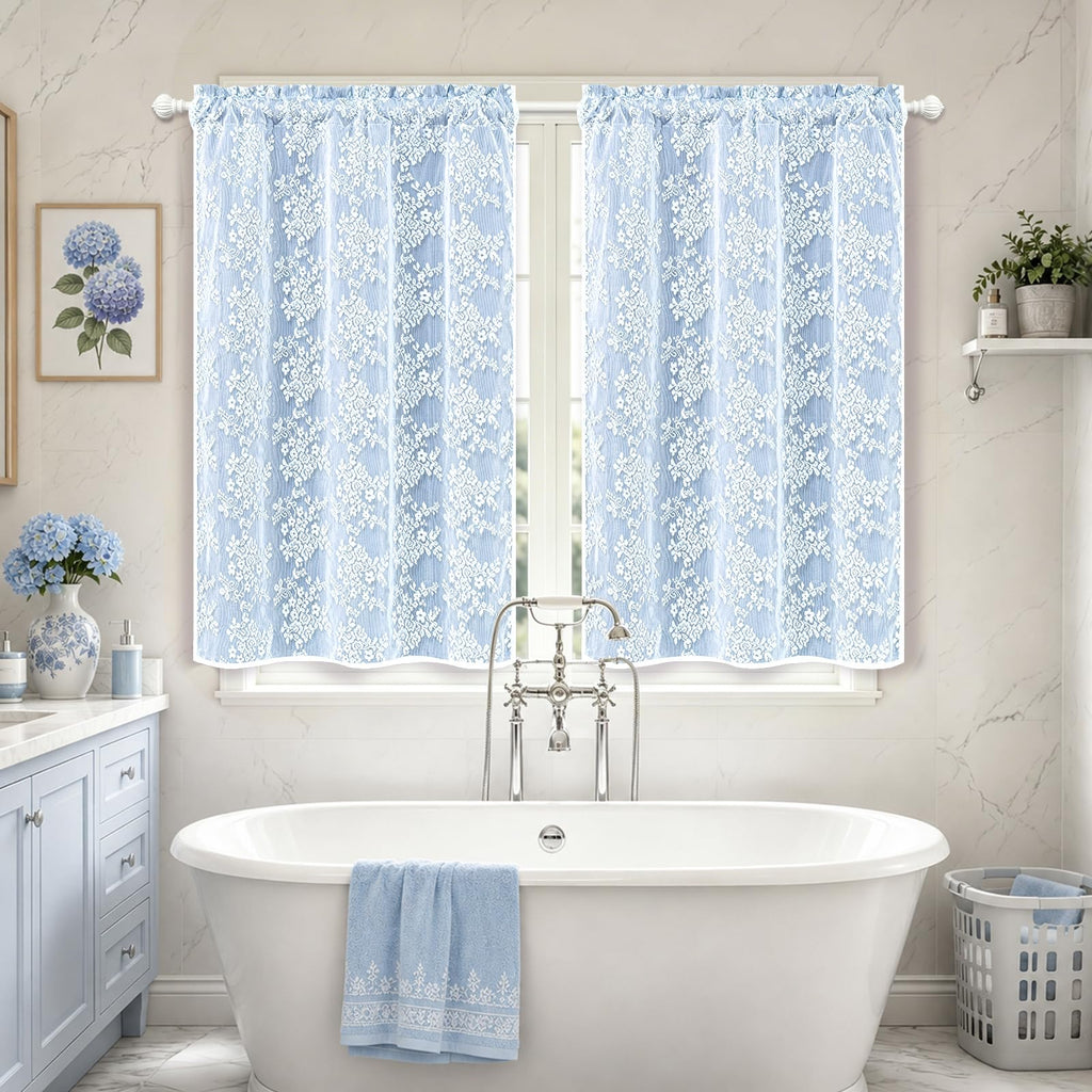 Blue Kitchen Curtains 36 Inch Length Double Layer Blackout Cafe Curtains with Floral Sheer Overlay Rod Pocket Short