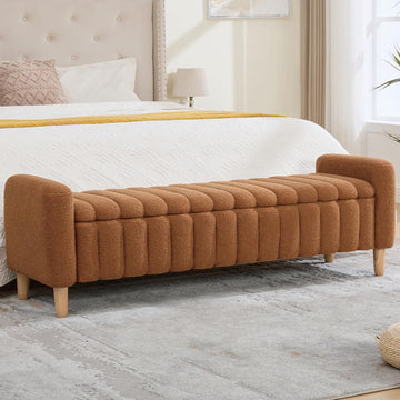 Teddy Caramel Ottoman Bench with Storage,63.4" Armed Long Storage Benches for Bed End King Size,Channel Tufted