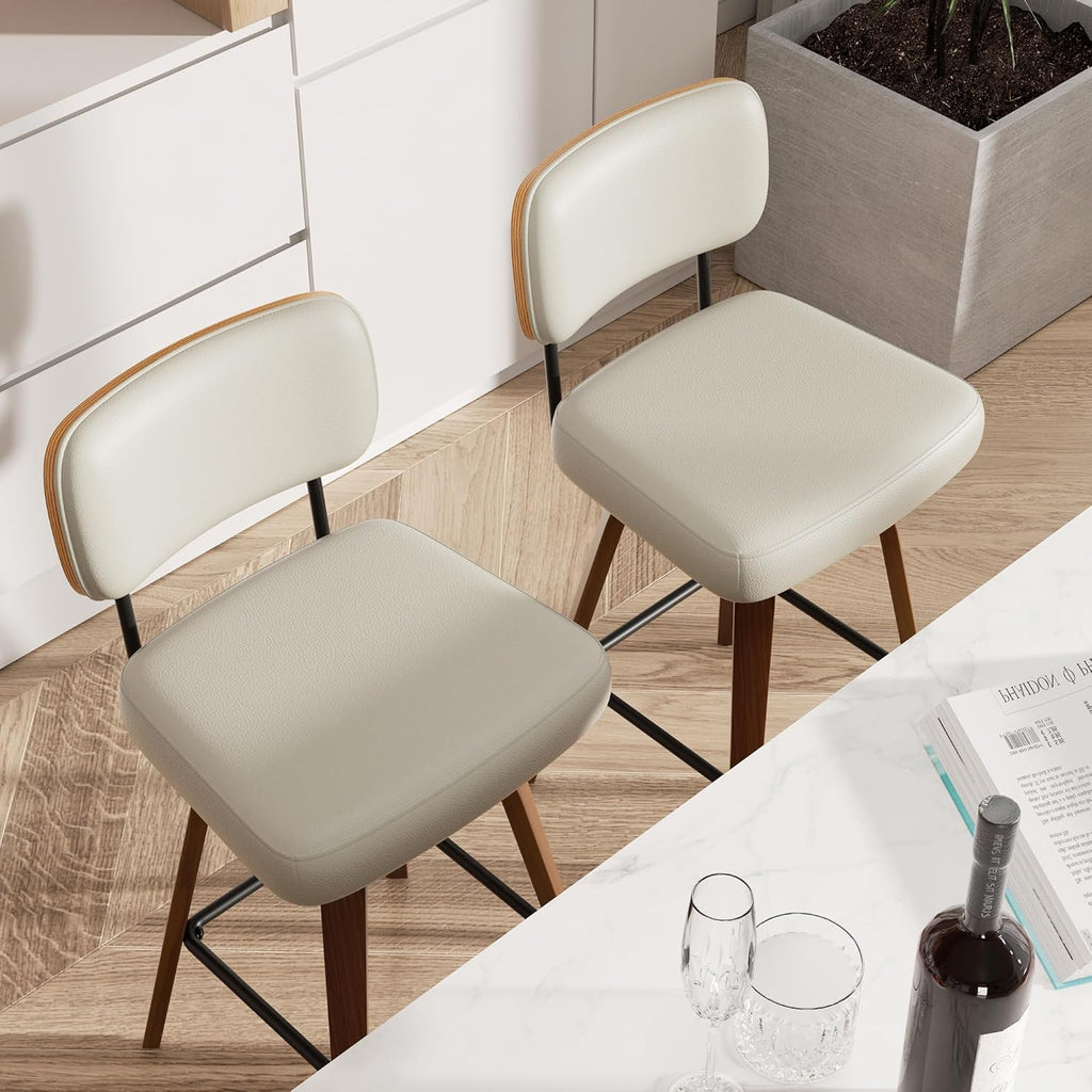 Swivel Bar Stools Set of 4, 26" Upholstered Faux Leather Counter Height Barstools with Walnut Back & Bentwood Legs