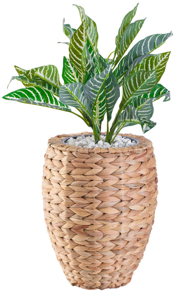 Vintiquewise Wicker Planter Basket, Small Round Water Hyacinth Woven Basket with Metal Pot, Indoor Wicker Planter for