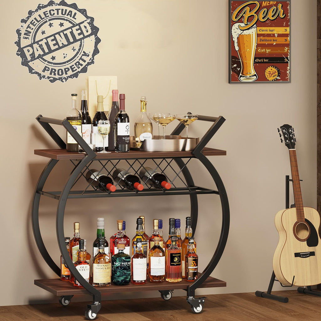 Modern Bar Cart, Industrial Rolling Wine Cart with Wine Rack, Walnut