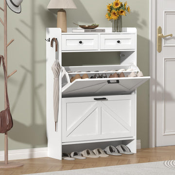 White Shoe Cabinet with 2 Flip Drawers & 2 Storage Drawers, Rustic Farmhouse Narrow Shoe Organizer Cabinet, Slim Shoe