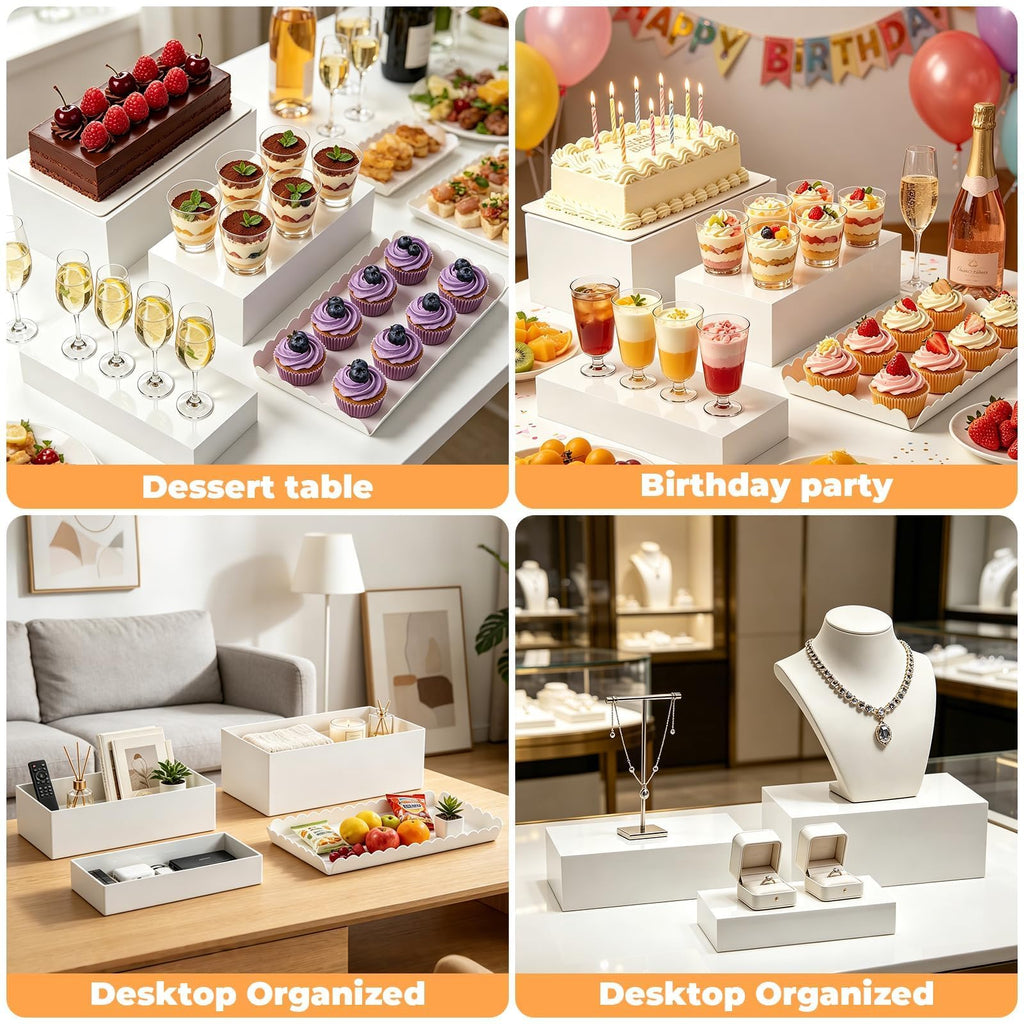Buffet Risers, 4PCS Glossy White Acrylic Food Risers for Party Table, Rectangle Display Riser Stand with Hollow Box