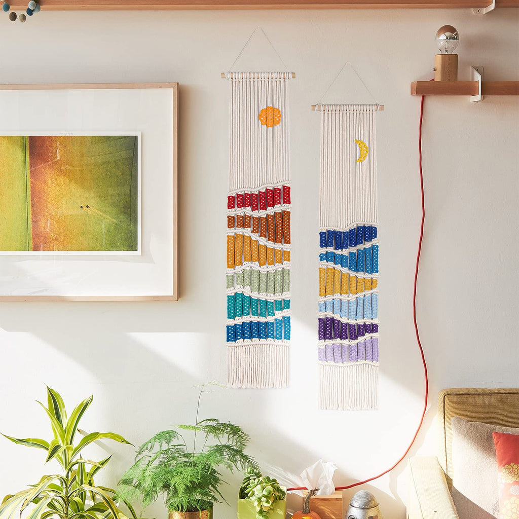 Boho Macrame Wall Hanging Decor Set, 2PCS Sun&Moon Tapestry with Tassel