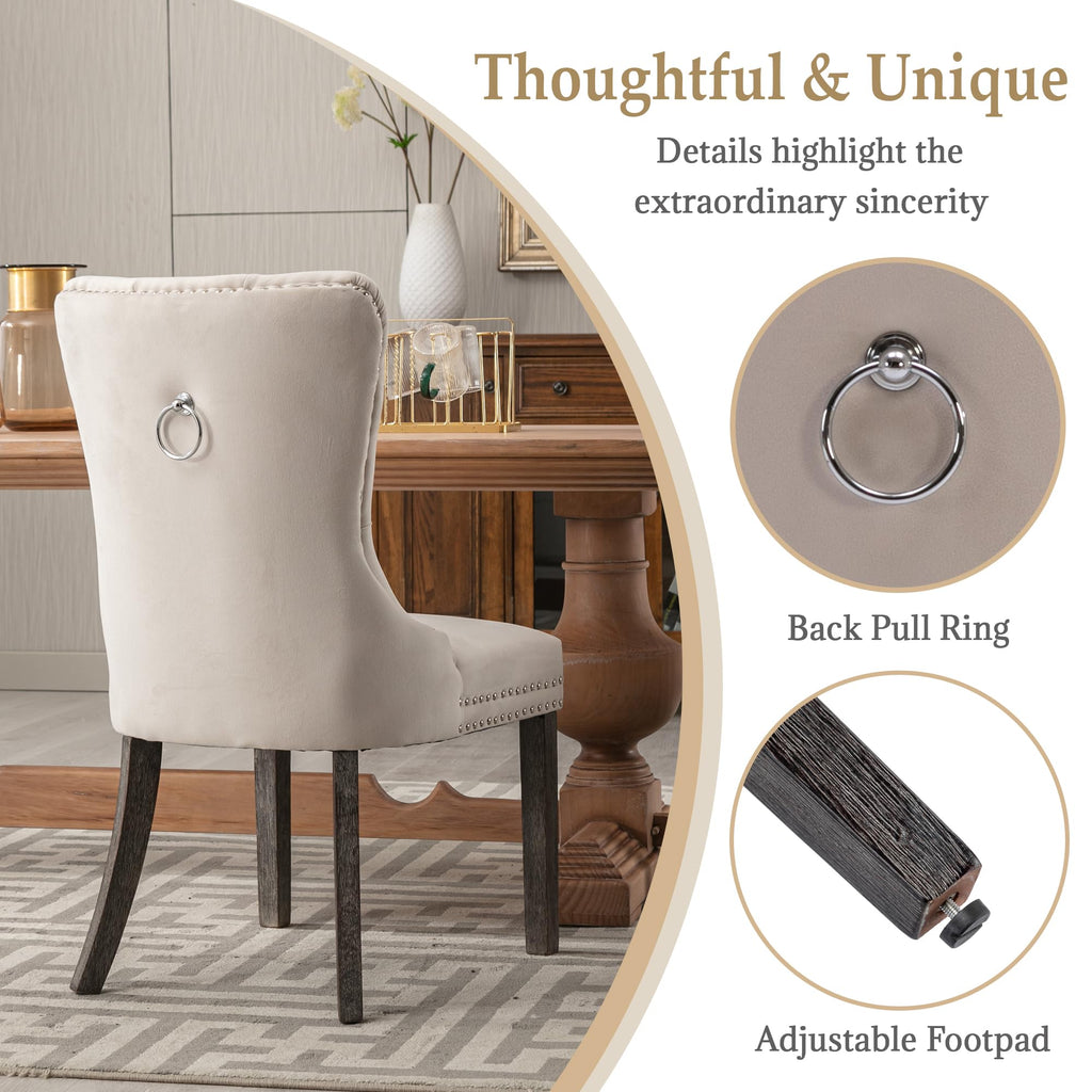 Beige Velvet Dining Chairs Set of 2, Elegant Tufted & Nailhead, Wood Legs