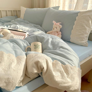 Lace Comforter Set Blue Plaid Gingham Comforter with 2 Romantic Lace Pillowcases Soft Cozy Grid Bedding Set