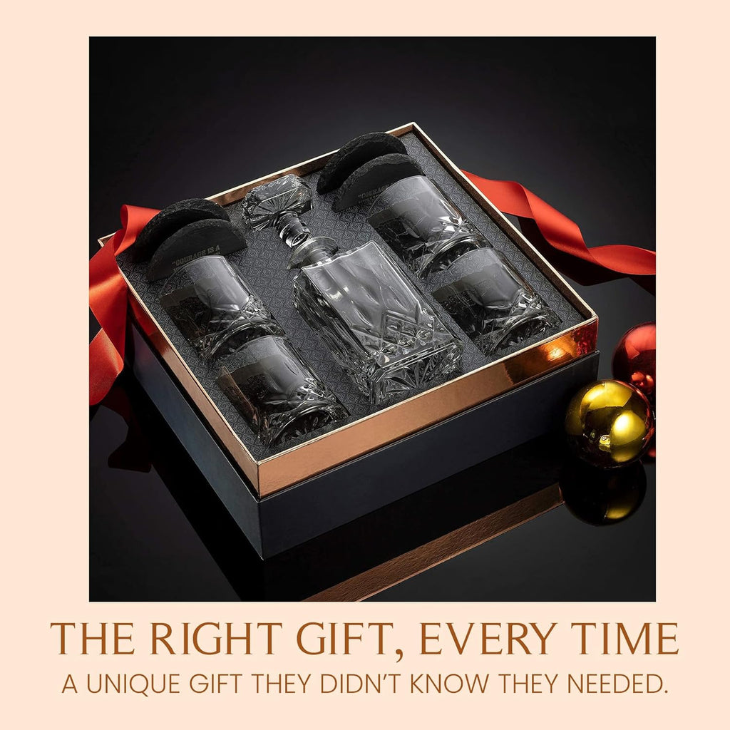 Luxury Whiskey Decanter Gift Set - 25oz Crystal Decanter, 4 Old-Fashioned Glasses, 4 Slate Coasters with Diamond