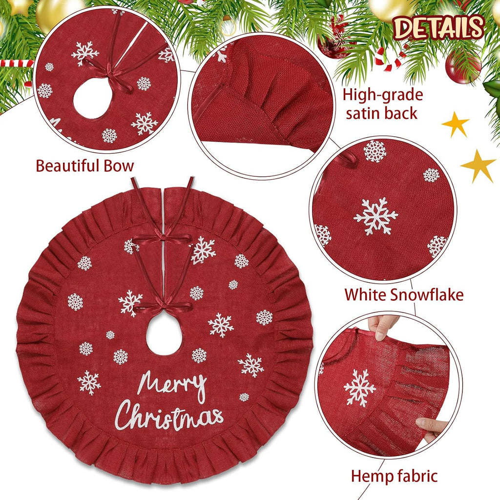 31 Inch Christmas Tree Skirt Linen Burlap Red Tree Skirt with Ruffle Rustic Farmhouse Trees Ornaments Snowflake Xmas