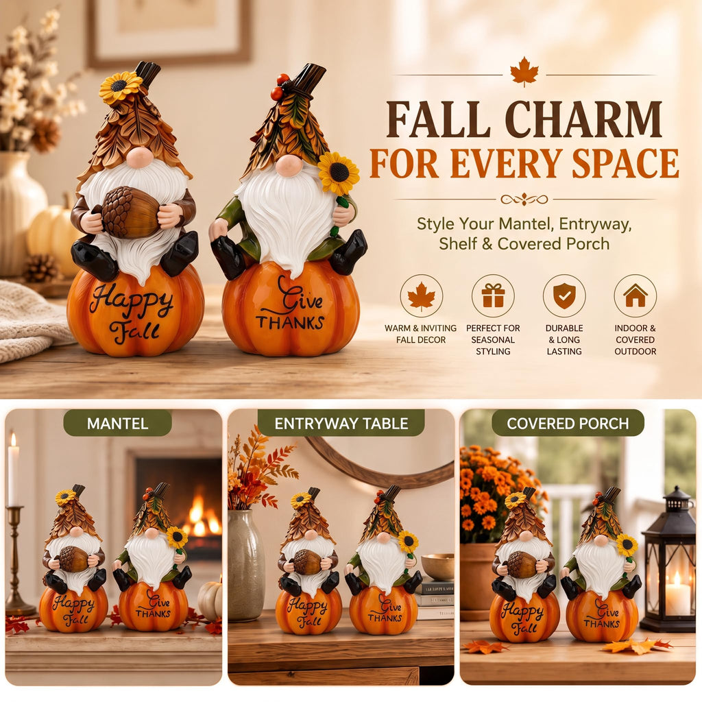 Fall Gnomes Figurines Set of 2, Pumpkin Thanksgiving Decor