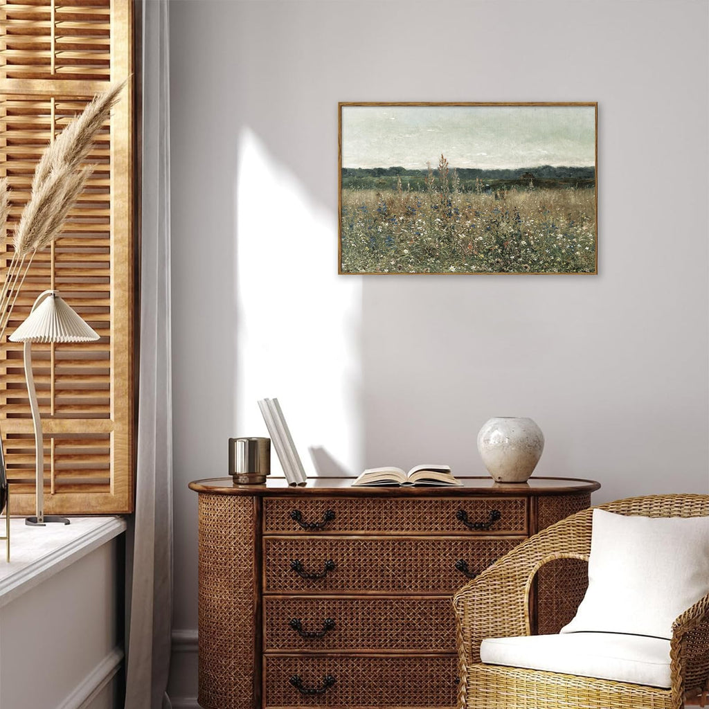 Framed Canvas Print Wall Art, Vintage Wall art Wildflower Field Vintage Print, Neutral Country Meadow Landscape