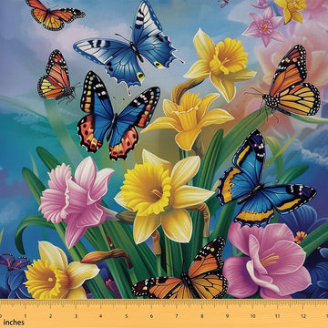 Flower Fabric By The Yard, Butterfly Upholstery Fabric, Oil Painting Butterfly Orchid Bouquet Plant Decorative