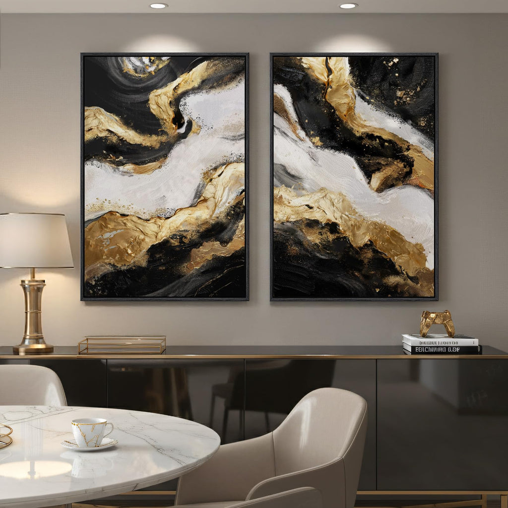 Framed Gold Abstract Modern Wall Art Set of 2, 24x36 Inch