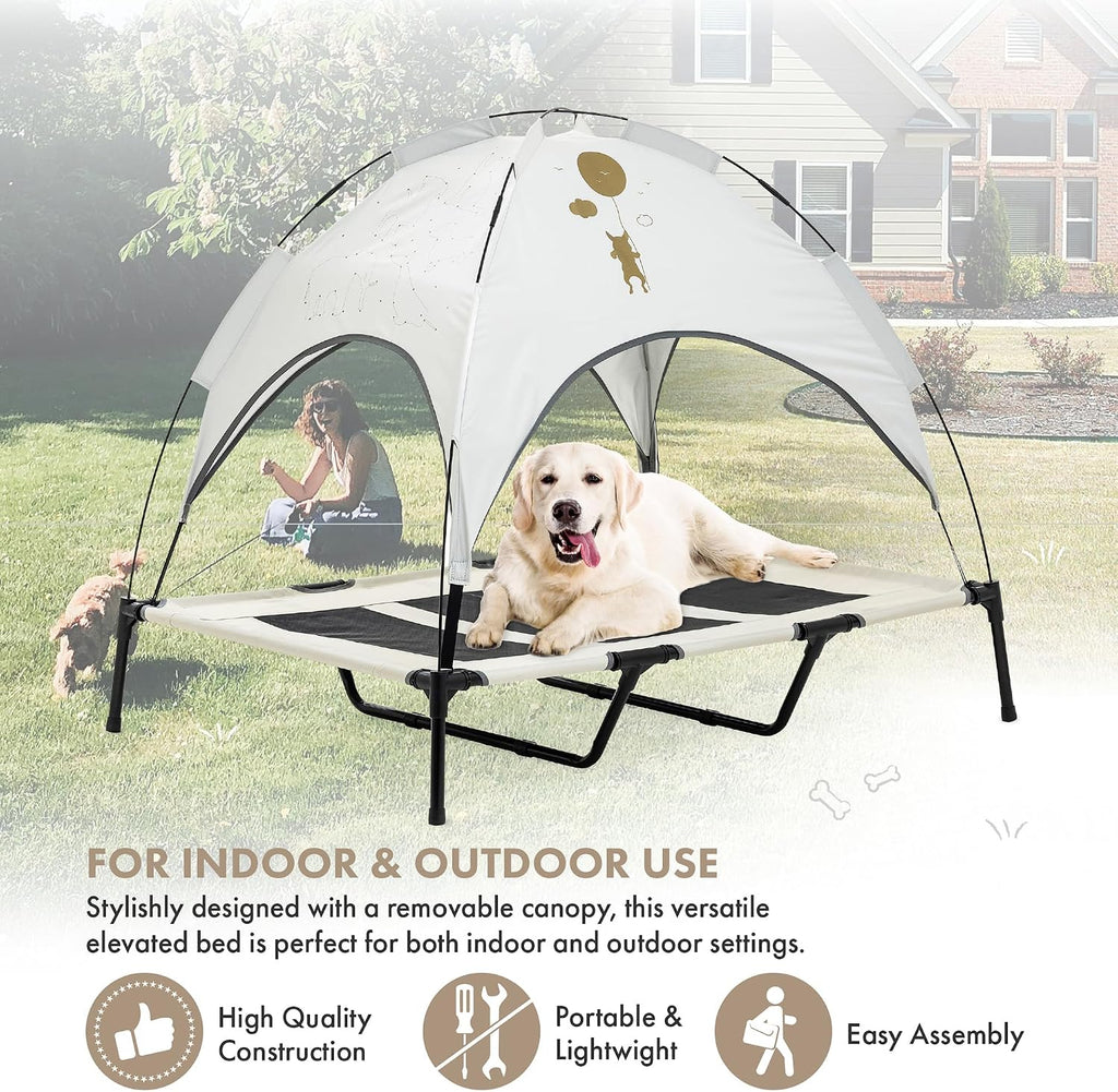 Cooling Elevated Dog Bed with Canopy - XL Portable Pet Cot for Outdoor & Indoor Use - Waterproof Removable Shade
