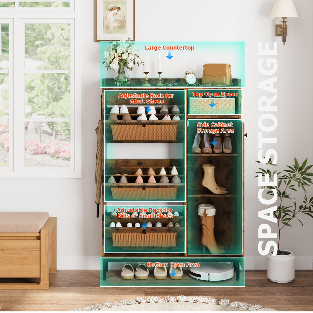 Shoe Cabinet Rattan with 3 Flip Drawers