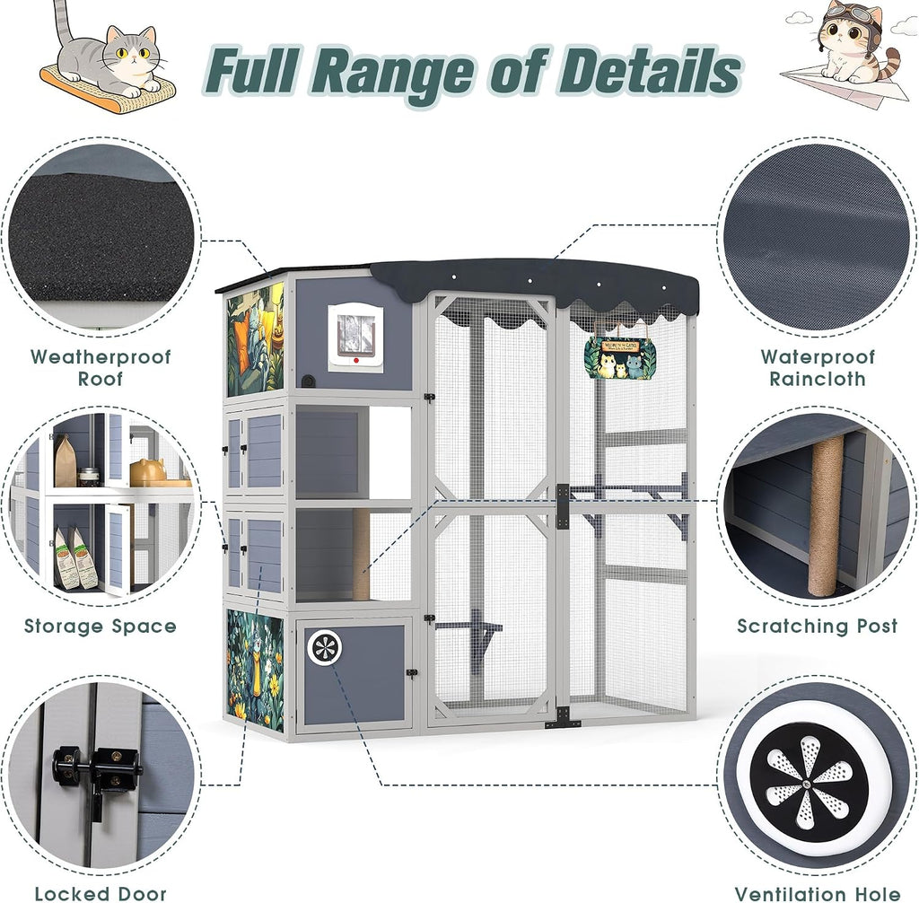 4-Tier Wooden Outdoor Catio Enclosure, Weatherproof Playpen with Asphalt Roof, 3 Lounges & 3 Platforms