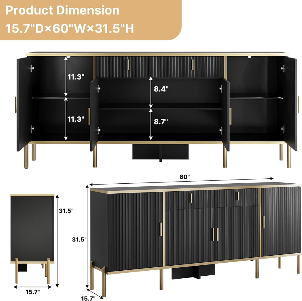 60" Modern Sideboard Buffet Cabinet, Fluted Storage Sideboard with Adjustable Shelves & Pop-Up Doors, Multifunctional
