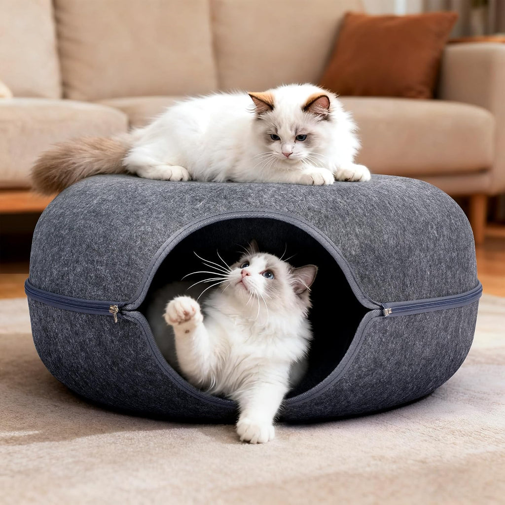 Cat Cave Bed - Peekaboo Cat Donut Tunnel, Scratch-Resistant Felt Cat Nest for Indoor Cats, Detachable Round Cat