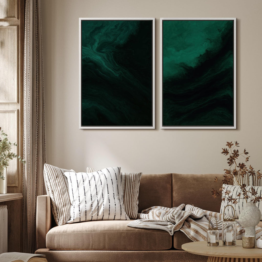 Framed Canvas Print Wall Art Set Deep Emerald Abstract Dark Green Marble Effect Illustrations Modern Art Decorative
