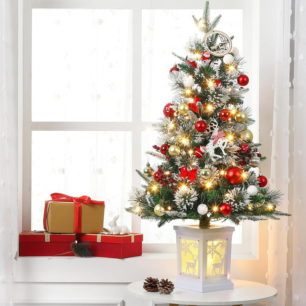 3ft Prelit Snow Flocked Christmas Tree with Light Up Reindeer Box Base