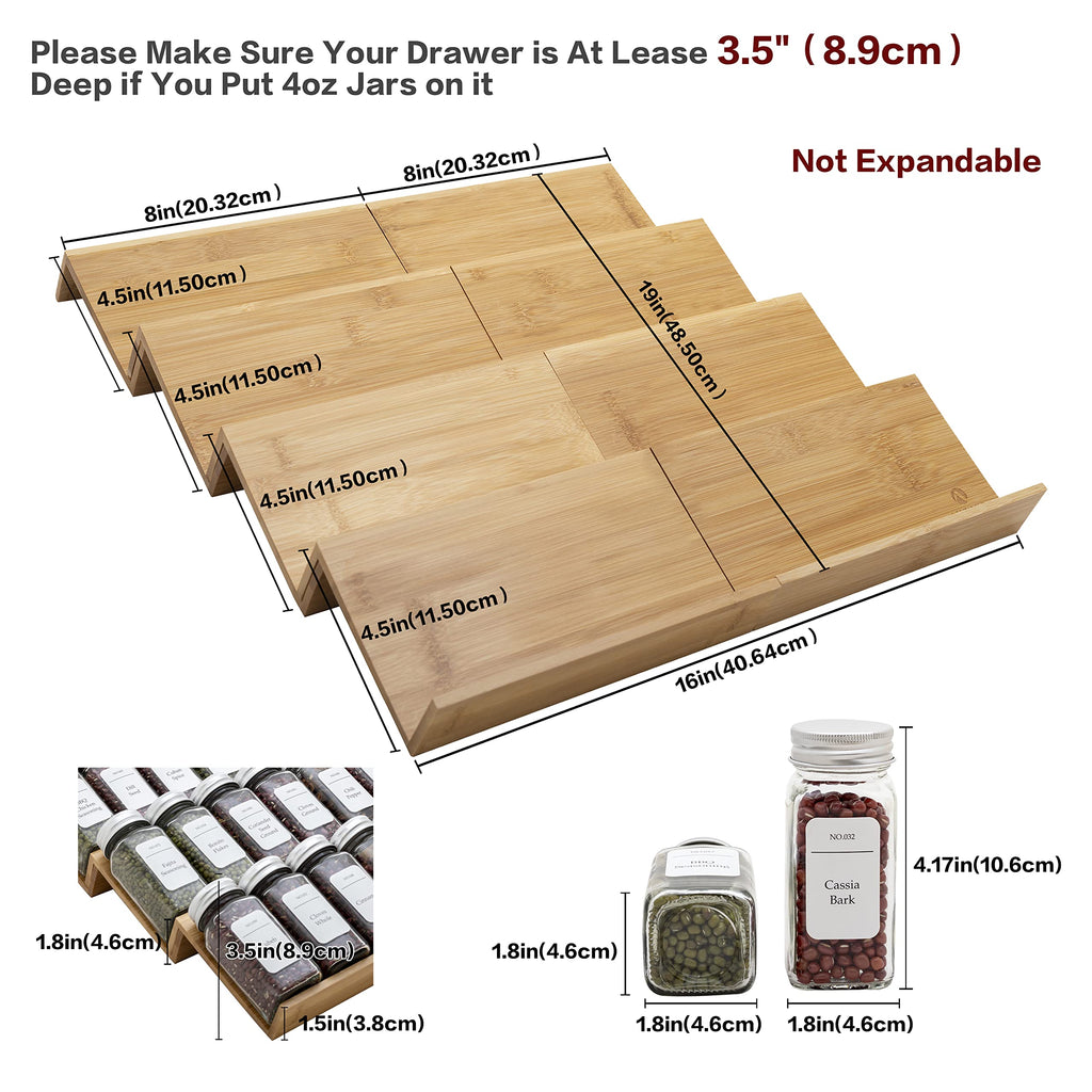 Bamboo Spice Rack Drawer Organizer - 8 Piece Set - 8" or 16" Wide