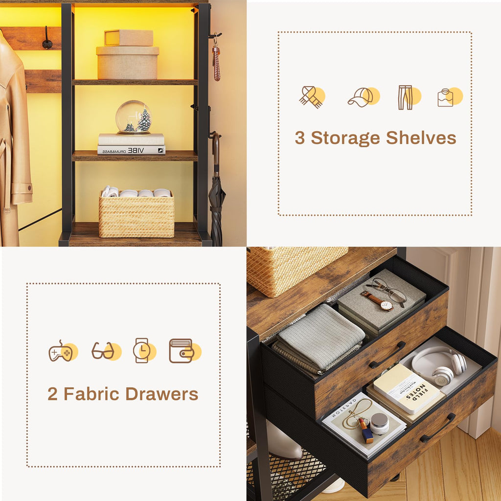 Hall Tree with Bench and Shoe Storage, 7-in-1 Entryway Bench with Coat Rack, 3 Storage Cubbies, 3 Open Shelves, 17