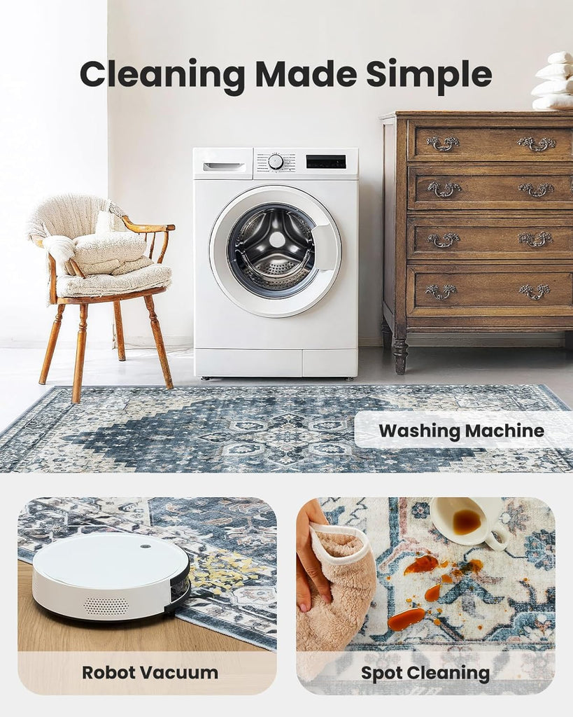 2x6 Washable Runner Rug, Low-Profile Kitchen Rugs with Non-Slip Backing & Durable Edge Binding, Vint