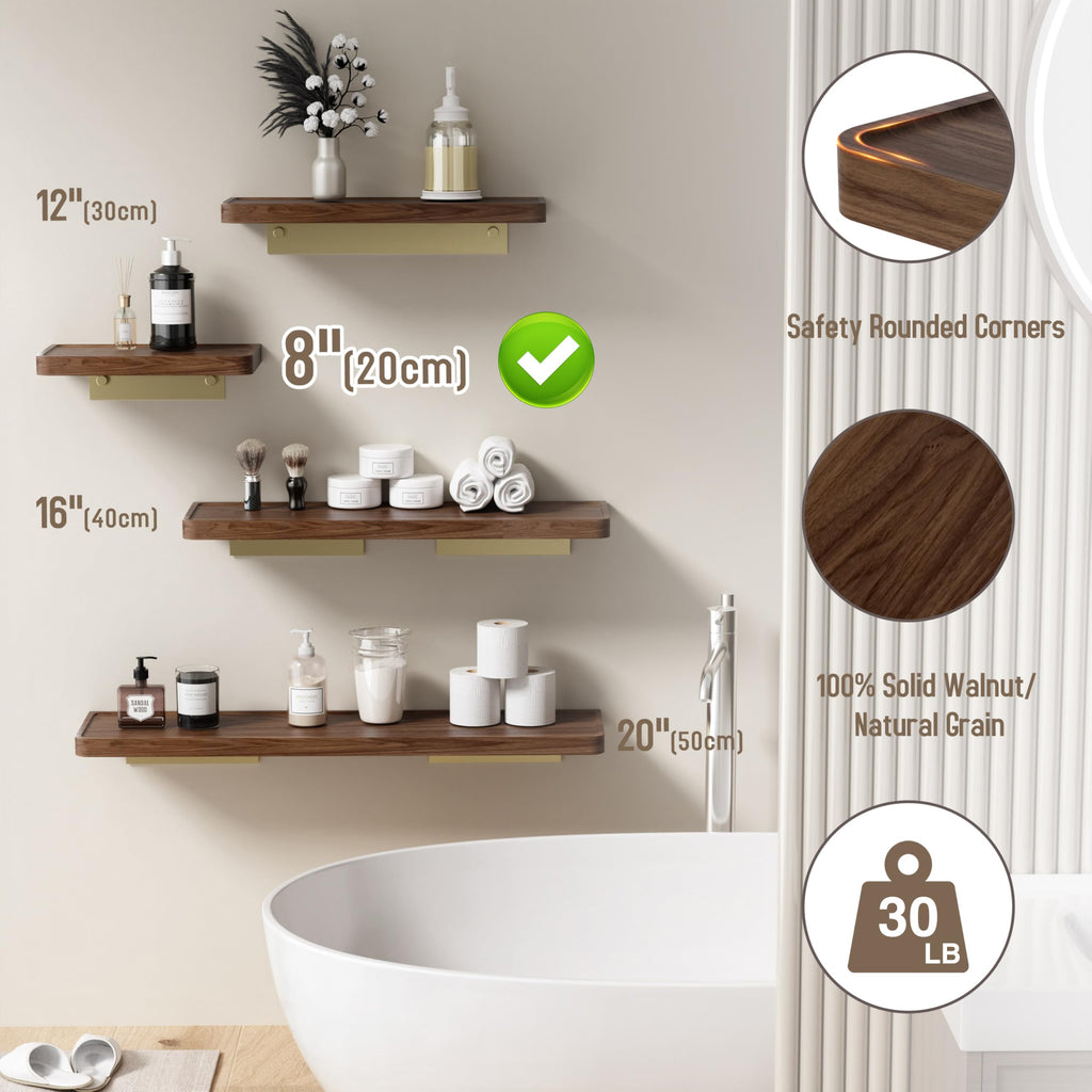 8 Inch Solid Wood Wall Shelf for Storage, Wall Mounted Rustic Walnut Wood Shelves
