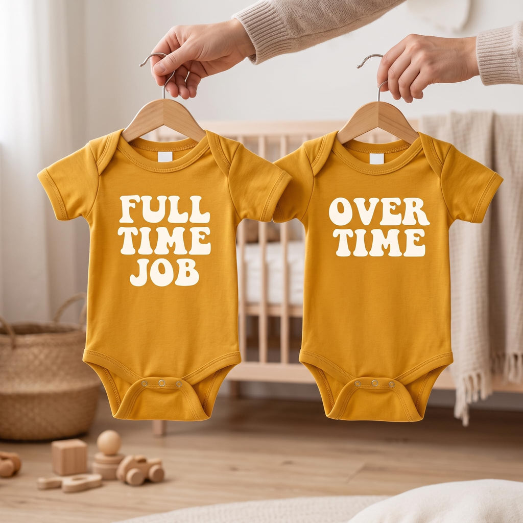 Full Time Job and Overtime Twin Set Two Infant Bodysuit Set, Gold